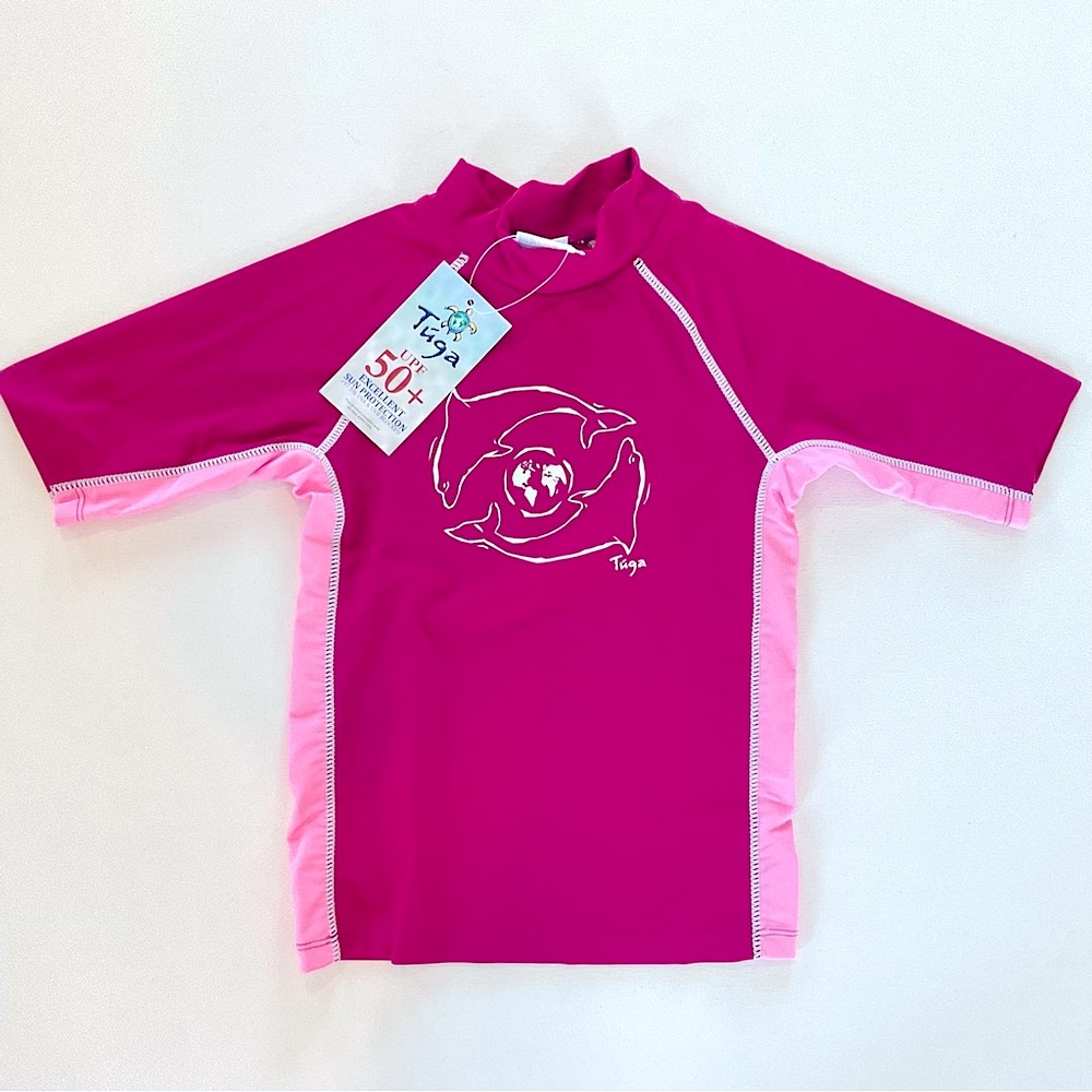 NWT Tuga Girl’s 4-5 Years Short Sleeve Rash Guard Dolphins UPF 50+ Red/Pink